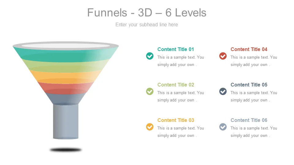 Elegant 3D 6 Levels Funnel PPT Template