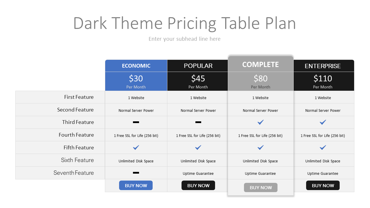 Dark Theme Price Table Slide