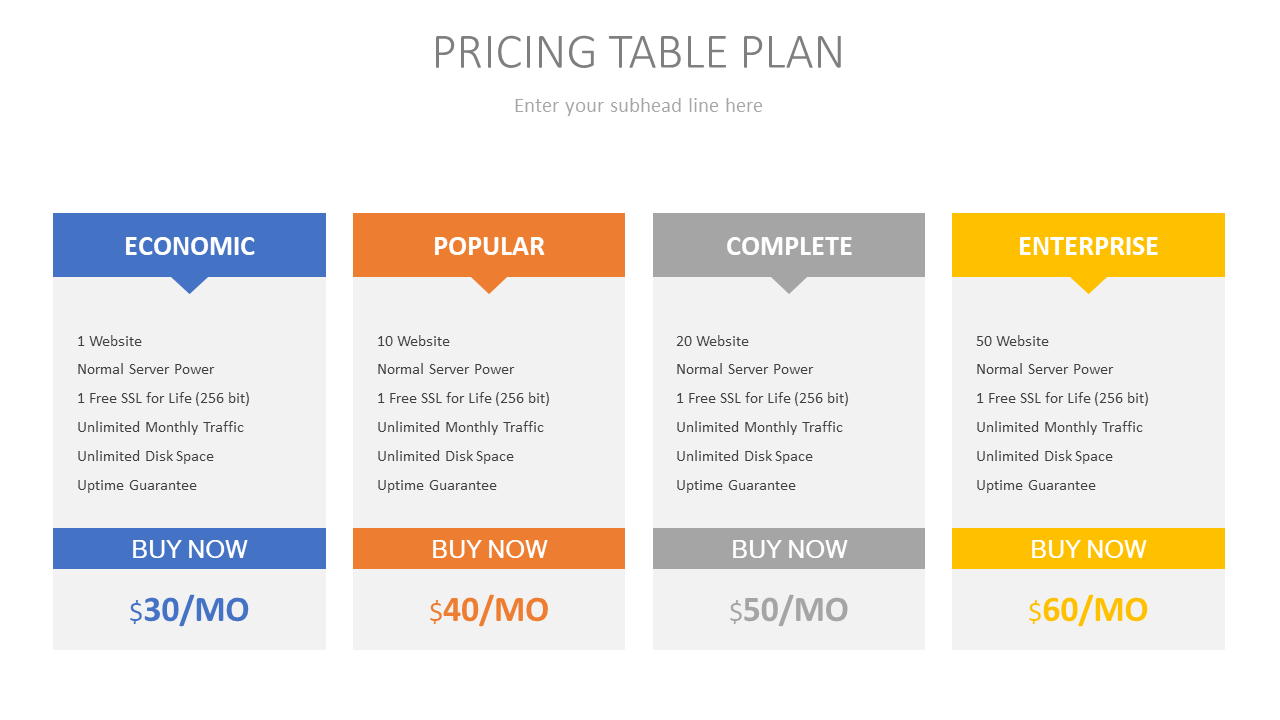 Products & Services Pricing Table